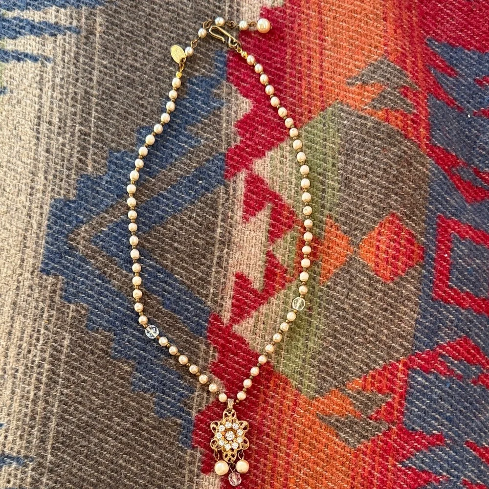 Vintage Miriam Haskell Gold Pearl Beaded Pendant Necklace